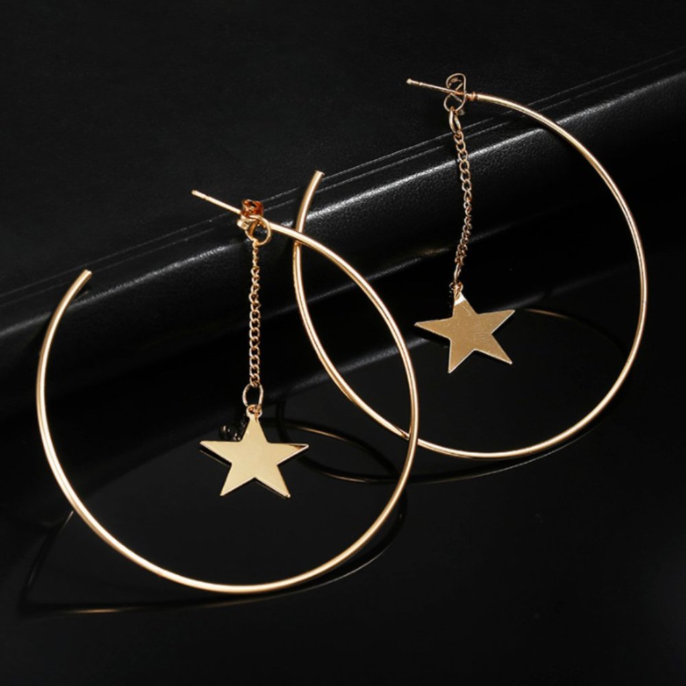 Gold celestial dangling star hoop earrings